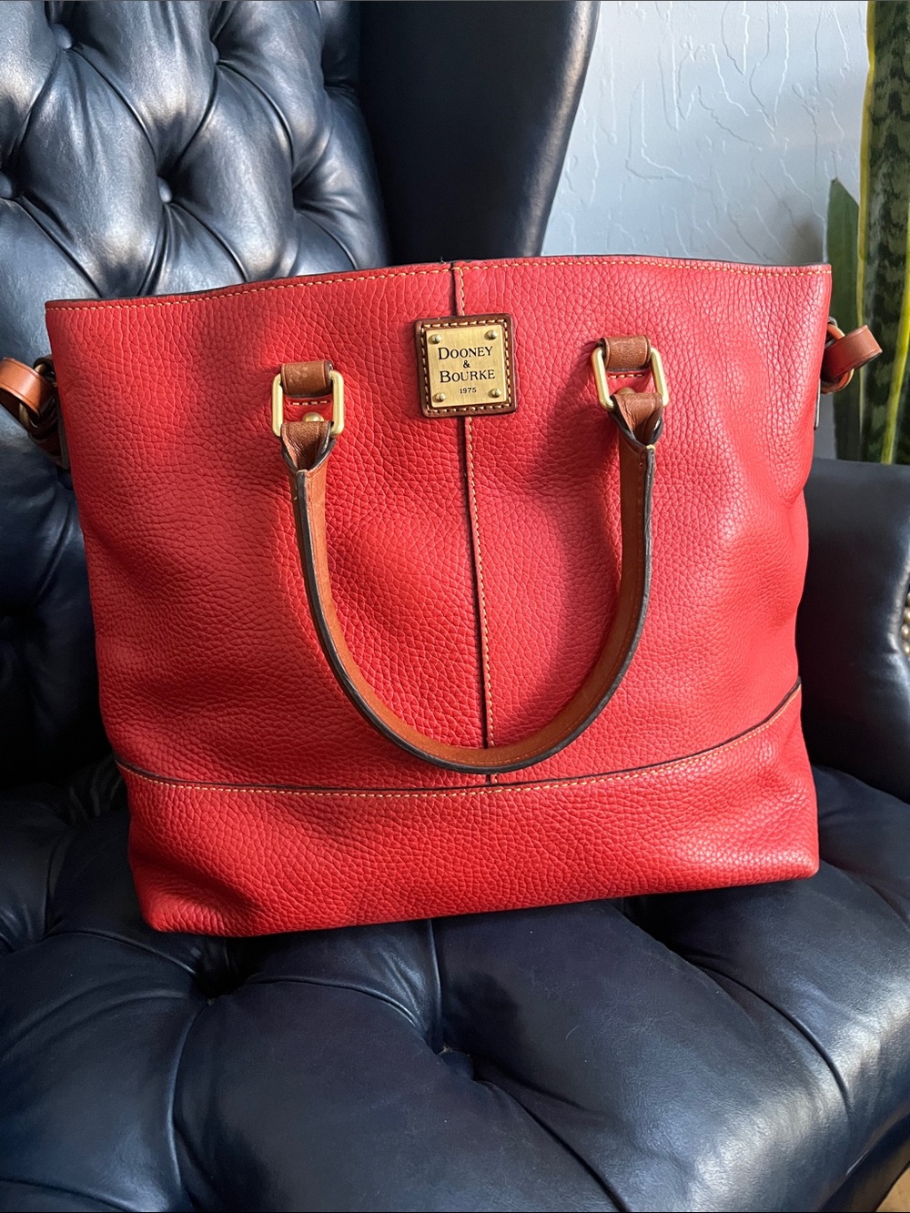 Dooney & Bourke Red Pebbled Leather Satchel with Brown Trim